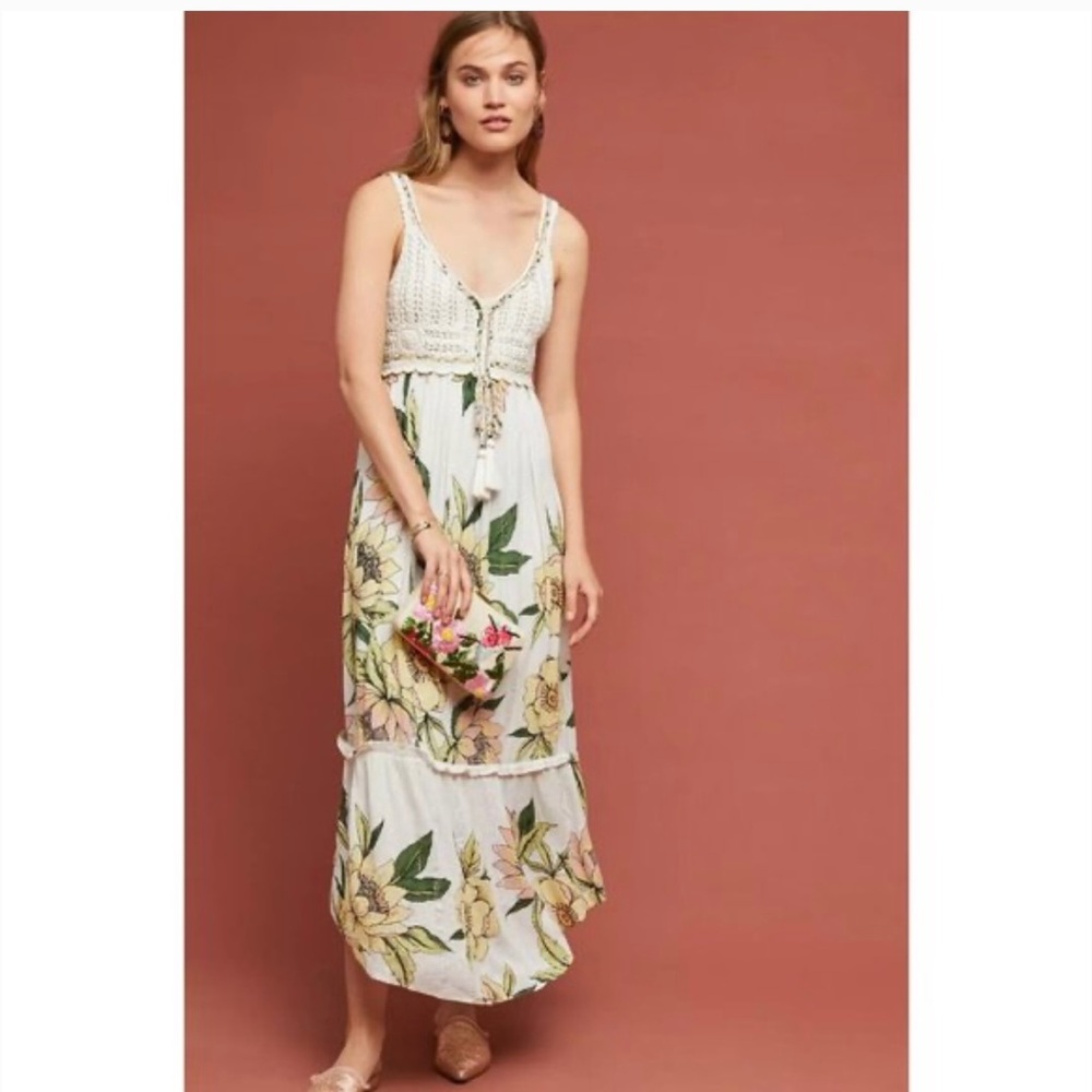 FARM Rio for Anthropologie Protea in Ivory Floral Crochet Top Maxi